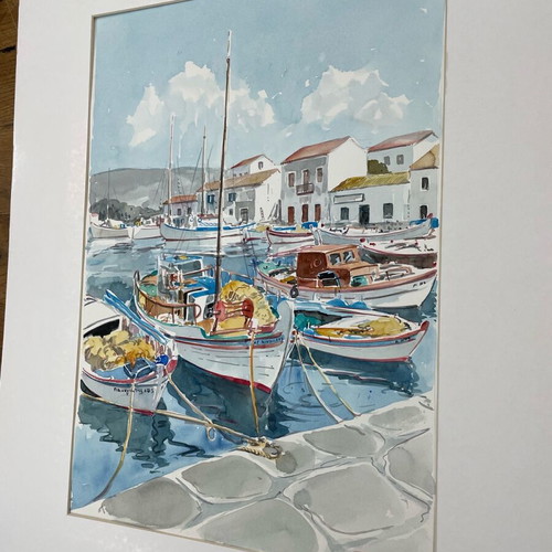 Watercolor by Giorgos Papadoperakis featuring Fishing Boats in passepartout