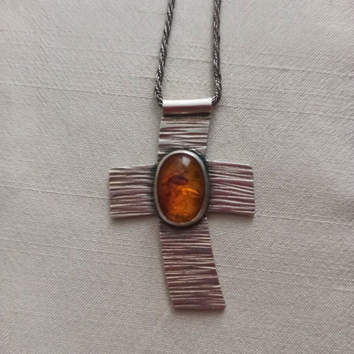 Handmade silver cross with natural Baltic amber like new