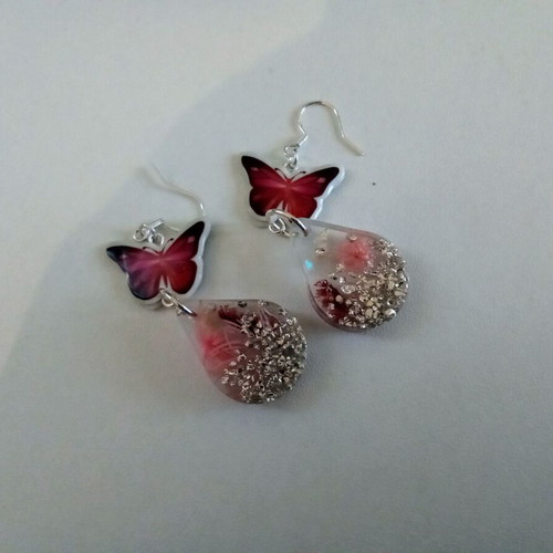 Handmade earrings with butterflies and pink flowers, new