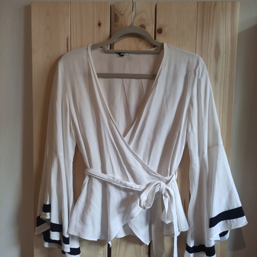 ALE white wrap blouse with bell sleeves, size M