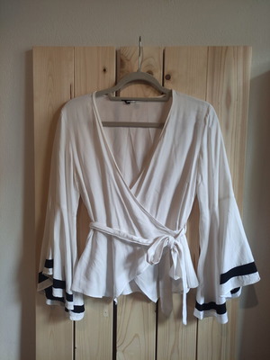 ALE white wrap blouse with bell sleeves, size M