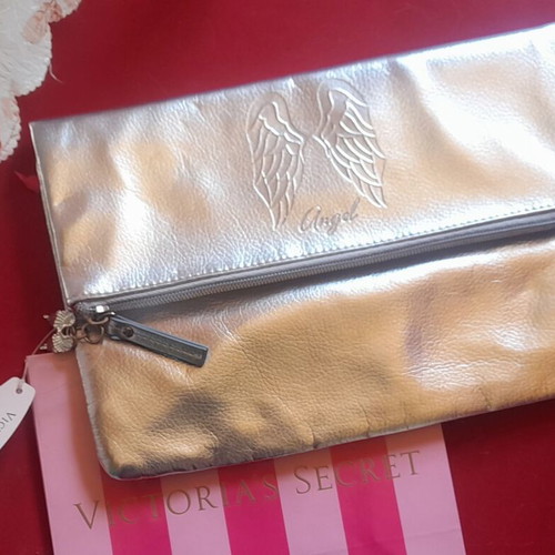 Victoria's Secret Angel silver fold-over clutch and cosmetic pouch new