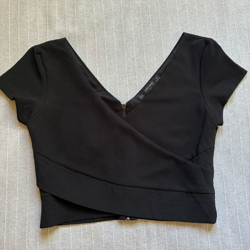 Zara black faux-wrap crop top with exposed back zip, size M