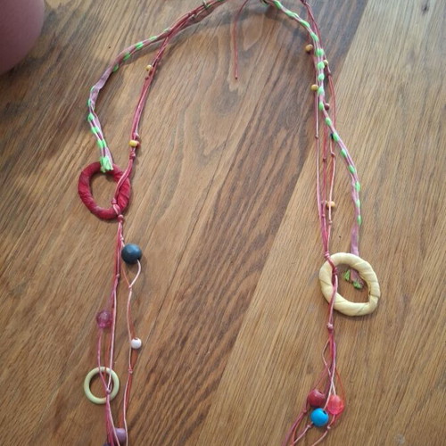 Necklace with beads, thread and fabric used, multicolored