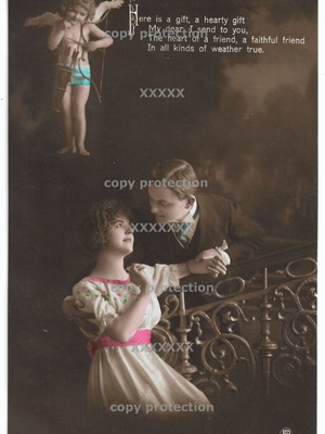 Romantic postcard unused, 1910s, couple in love with cupid