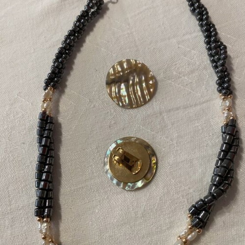 Vintage jewelry set hematite multi-strand necklace and mother of pearl clip earrings like new