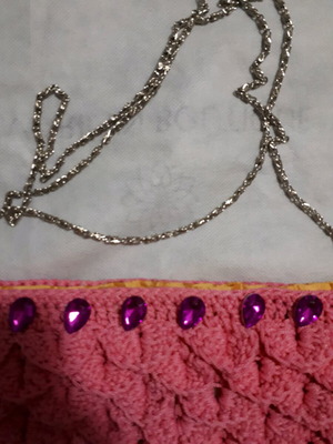Knitted pink crossbody bag new with purple stones and silver chain