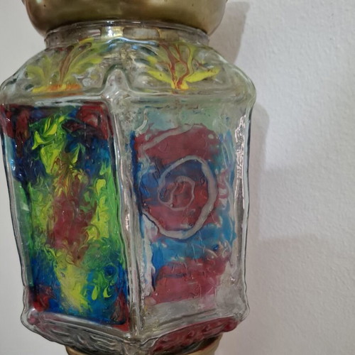 Hexagonal Hanging Lamp Fusing Glass stained glass style, like new, 60 cm