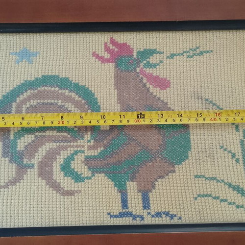 Vintage cross stitch cockerel textile painting 56×37cm