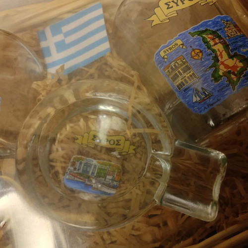 Syros souvenir set new with two shot glasses and ashtray