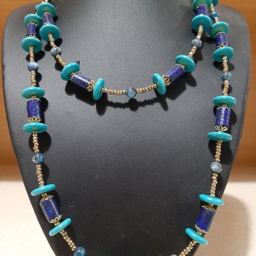 Necklace with Kyanite, Lapis Lazuli, Chaoite, Hematite in 925 Silver, Long