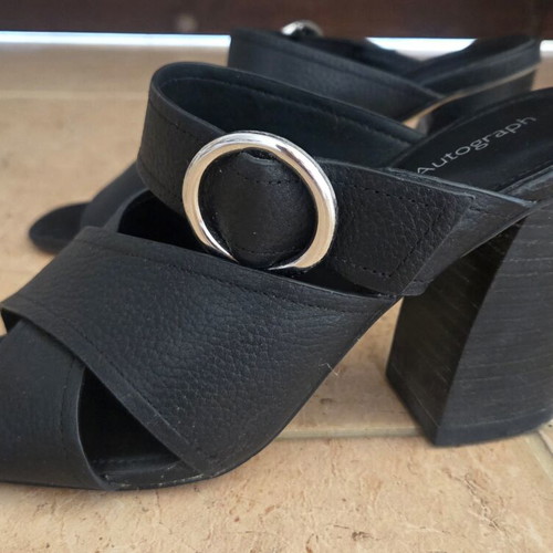 Autograph Black Leather Mules Block Heel Cross Strap Sandals
