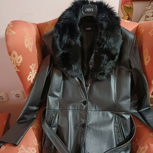 Lussile leather women's coat used, black, XL, with fur collar