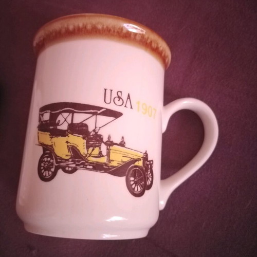 Staffordshire collectible ceramic mugs set of 2 like new with vintage car designs