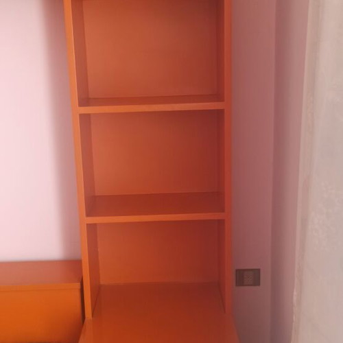 Wooden bedroom set with bed, mattress, nightstands, bookshelf, dresser with mirror