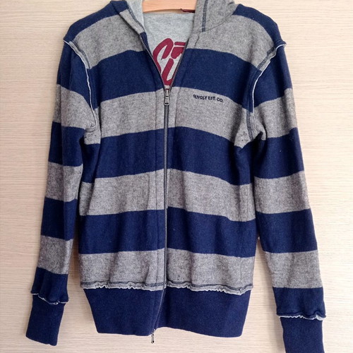 Singly hoodie used, grey with blue stripes, kids Large and women's Medium