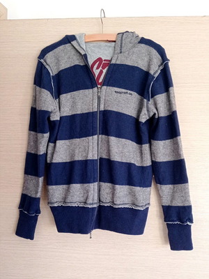 Singly hoodie used, grey with blue stripes, kids Large and women's Medium