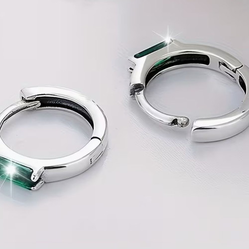 925 Silver Hoop Earrings with Green Stone New