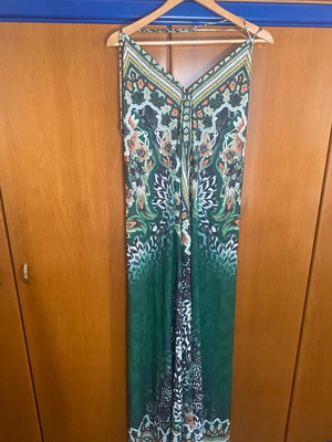 Maxi dress printed new, one size with open back and rhinestones