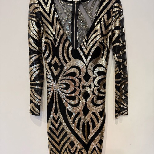 green emerald velvet dress Venus Mockneck Sequin Mini Dress | Black & Gold main image 0