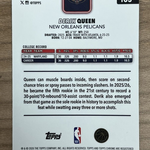 2026Topps Chrome RC Derik Queen X-fractor card like new