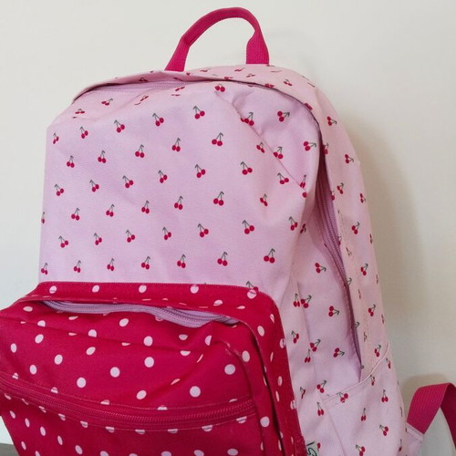 School bag used, pink with cherry and polka dot pattern
