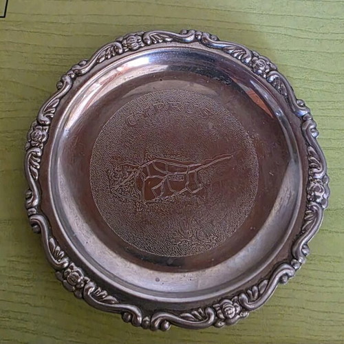 Silver vintage coaster set used, 5 pieces with Cyprus map engraving