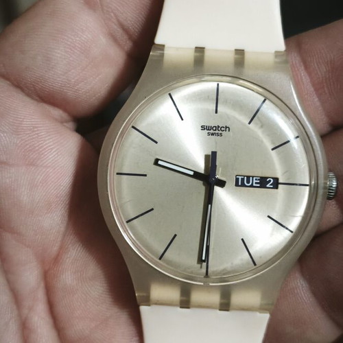 Swatch Swiss Vintage Day-Date watch, white strap