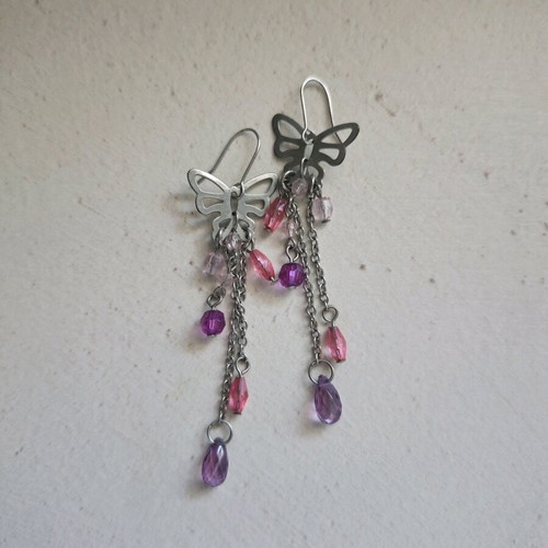 Earrings with butterfly and beads used, pink and silver