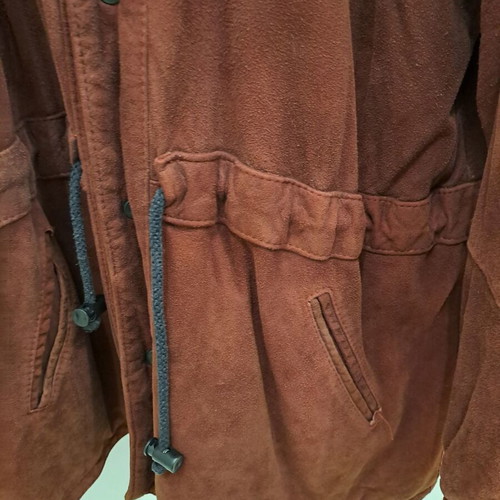 Men's suede jacket used, vintage brown-burgundy with hood, size M