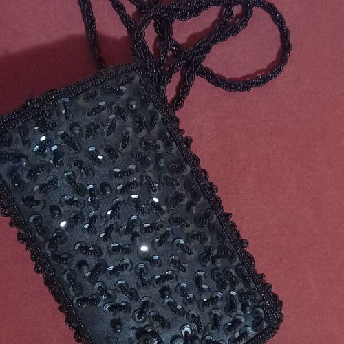 Beaded bag used, black, with long handle