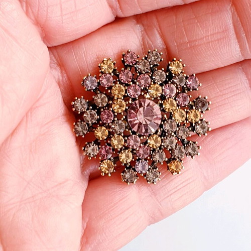 Vintage 60ies flower brooch in gold antique color like new with colorful rhinestones
