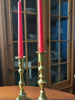 Brass candlesticks used, old city style, 25 and 22 cm