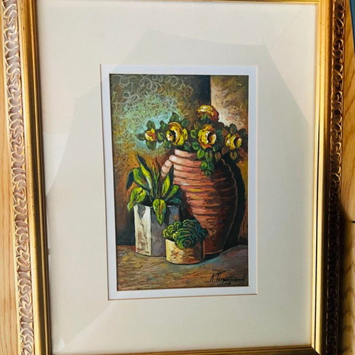 Painting by Lefteris Tsimogiannis with clay pot and flowers, framed