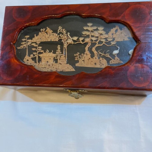 Vintage Asian Art Set with 47cm Fan, Jewelry Box & 5 Bamboo Coasters