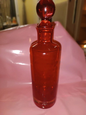 Vintage red glass carafe with stopper like new, Mid Century Modern