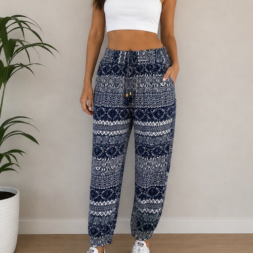 Wide printed pants like new, white and blue, Small/Medium