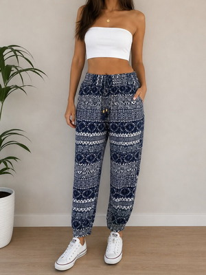 Wide printed pants like new, white and blue, Small/Medium