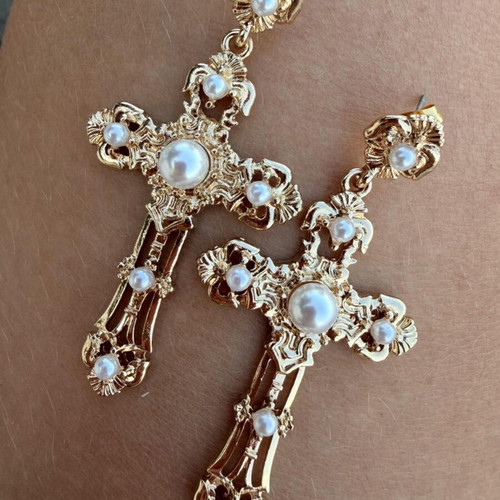 Cross Earrings with Pearls stainless steel, gold, new