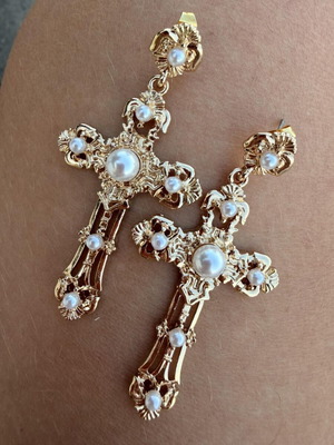 Cross Earrings with Pearls stainless steel, gold, new
