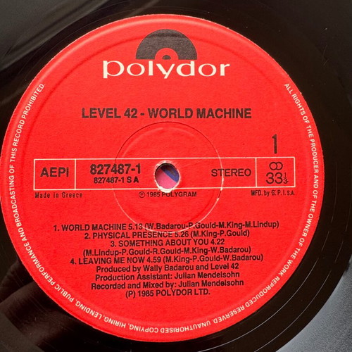 Level 42 World Machine LP used, Greek edition 1985, pop