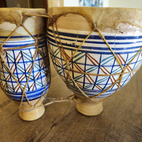 Moroccan Clay Bongos used, handmade ethnic percussion drums