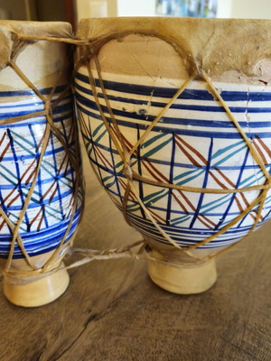 Moroccan Clay Bongos used, handmade ethnic percussion drums