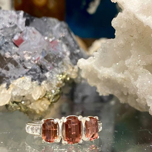 Handmade Silver Ring with Natural Pinkish Brown Tourmaline AA Quality and Moissanite