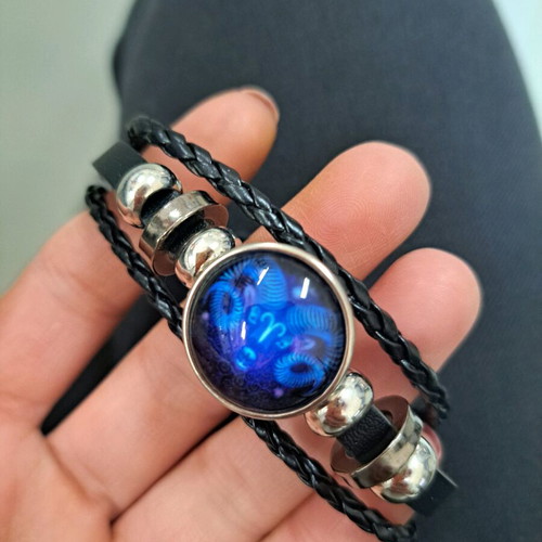 Bracelet with Aries zodiac stone and leather straps new, black