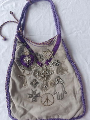 Vintage handmade boho style shoulder bag with embroidered semi-precious stones, like new, gray and purple