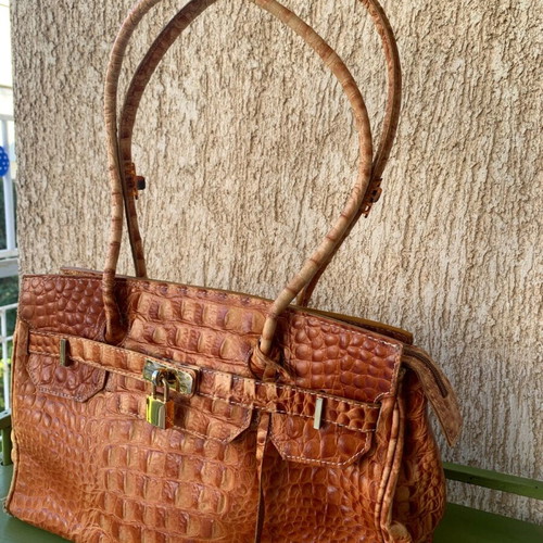 Leather shoulder bag, crocodile pattern, brown, spacious