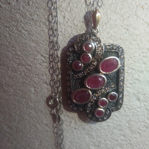 Handmade pendant silver and gold with natural rubies and diamonds like new
