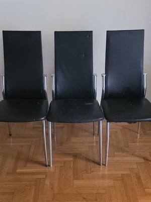 Chairs set of 3 used with high black back, inox legs and leatherette seats