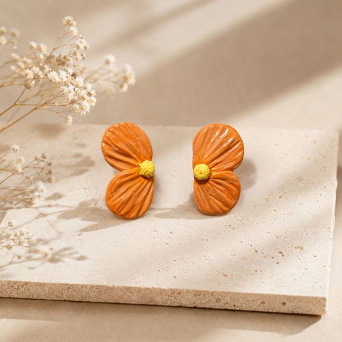 Handmade earrings with clay and resin, peach color, stainless steel posts